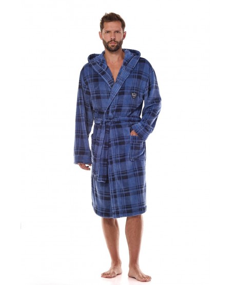 Szlafrok męski L&L 2457 Pedro – miękka dzianina w kratkę, kaptur, M-2XL, 100% poliester