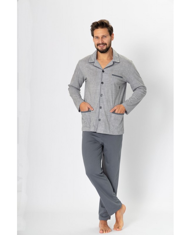 Męska piżama z kołnierzykiem, długi rękaw, bawełna, rozpinana góra Ambroży