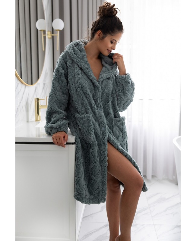 Szlafrok damski z kapturem Sensis Grethen wypukły wzór guziki kieszenie