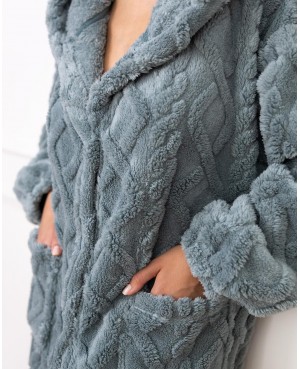 Szlafrok damski z kapturem Sensis Grethen wypukły wzór guziki kieszenie