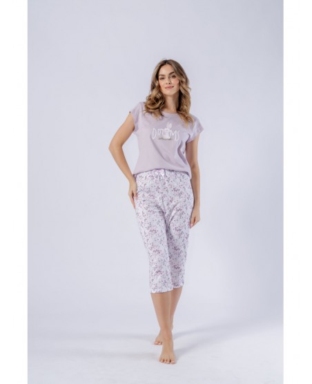 Piżama damska Fabiana 1543 – krótki rękaw, spodnie 3/4, 100% bawełna, pastelowy print