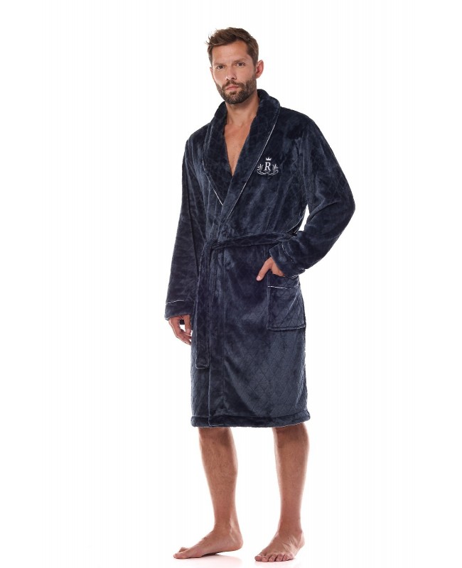 Szlafrok męski L&L 2453 Ready M-2XL miękka dzianina kołnierz szalowy kieszenie